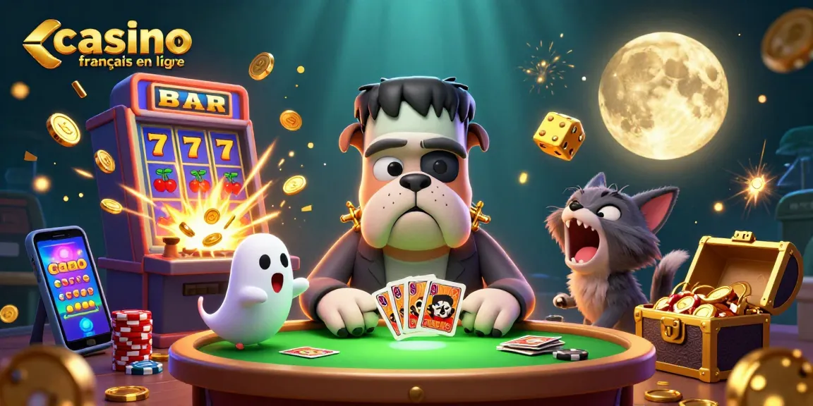 Casino français en ligne illustrant un bulldog Frankenstein jouant aux cartes et des effets de jackpot.