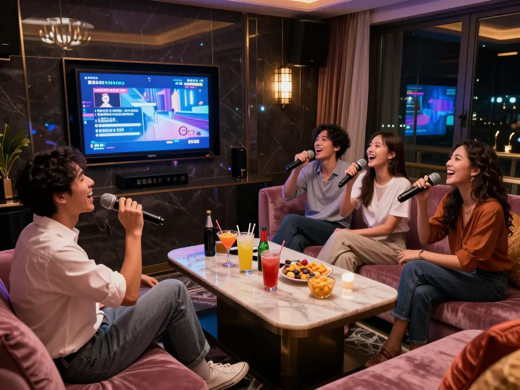 스타일리시한 프라이빗 룸에서 서구청쓰리노 노래방 경험을 즐기는 친구들의 매력적인 장면.