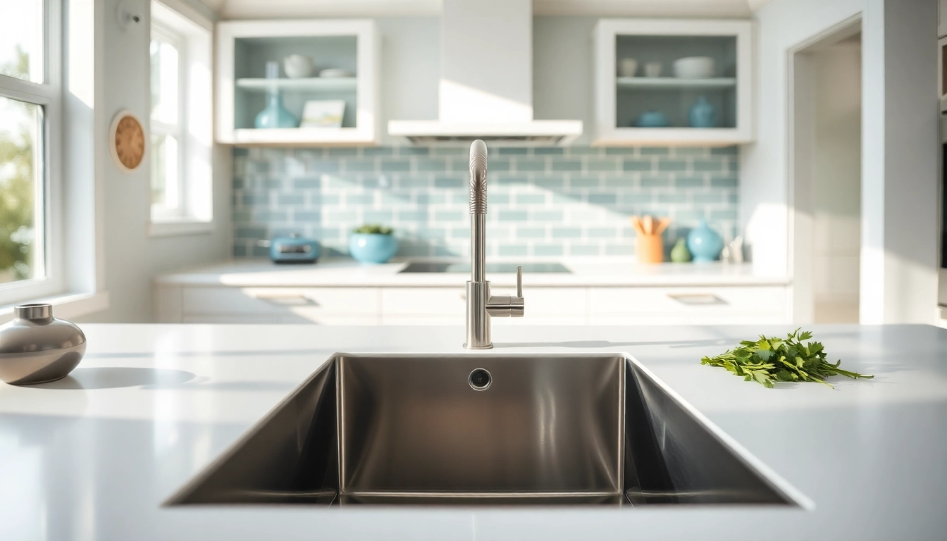 Showcase a kitchen sink in stainless steel highlighting its sleek design and modern aesthetic.