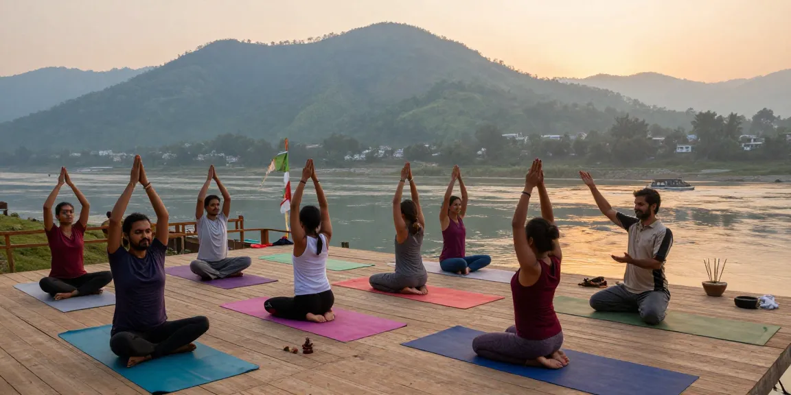 Yoga teacher training in Rishikesh students practicing sunrise yoga on the banks of the Ganges.