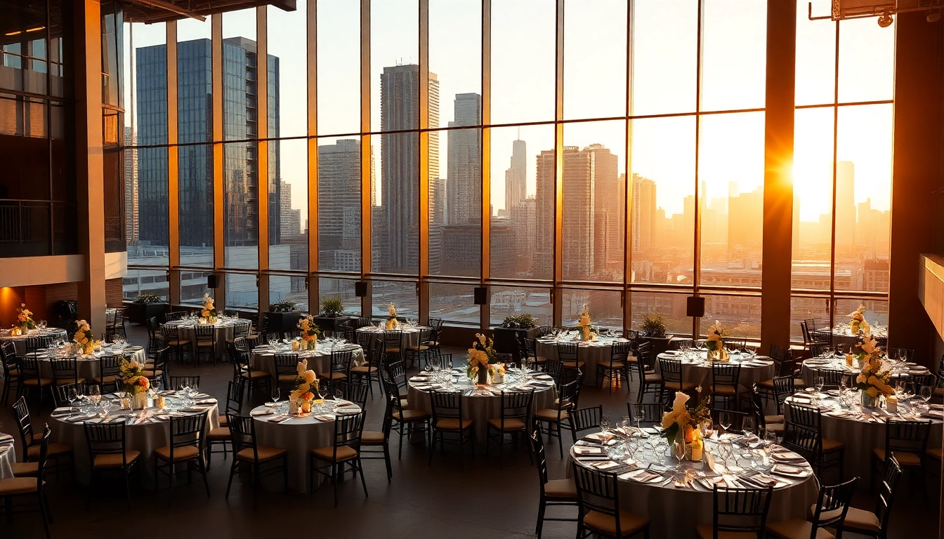 Event location with elegant furnishings and city skyline backdrop.