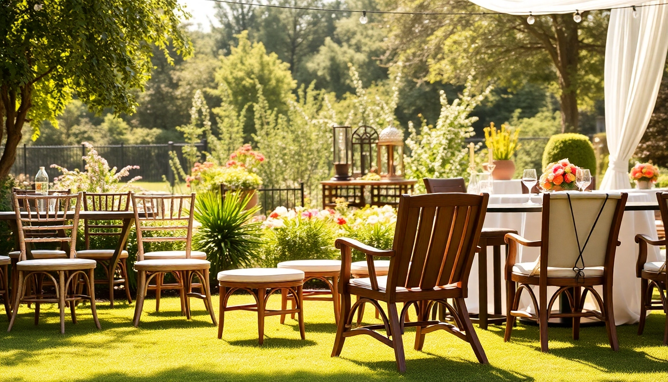 Chair Rentals displayed elegantly in an outdoor garden setting for events and gatherings.