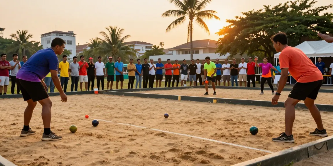 Turnamen petanque di fopikotapontiana.org dengan pemain bersemangat dan penonton yang mendukung.