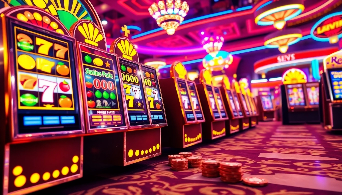 Menangi permainan slot dengan slot depo 1k, simbol slot penuh warna dan suasana kasino yang hidup.