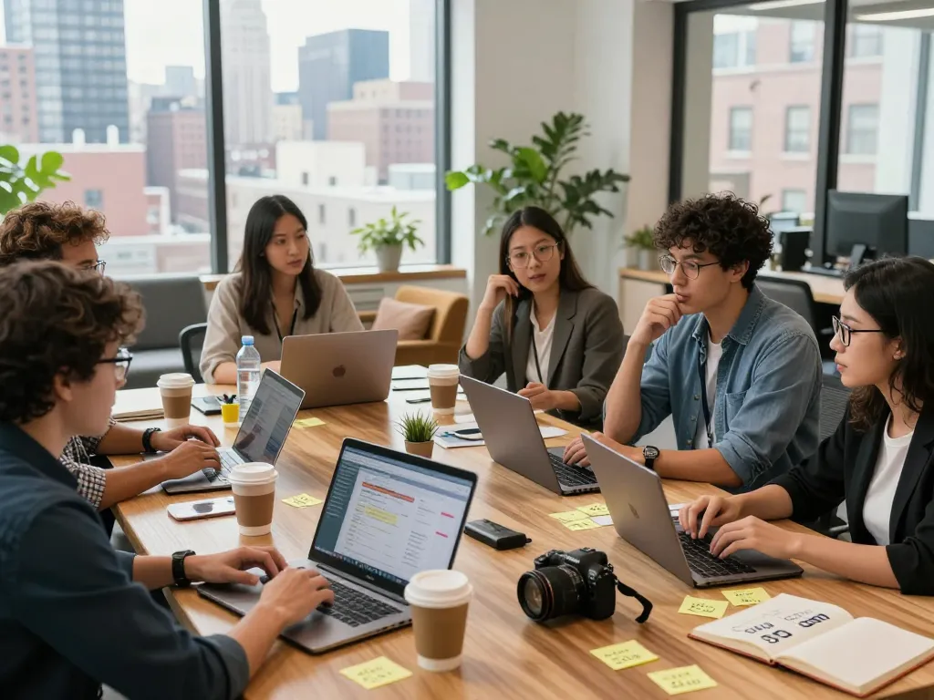 Marketing team collaborating on Local SEO NYC strategies in urban office.