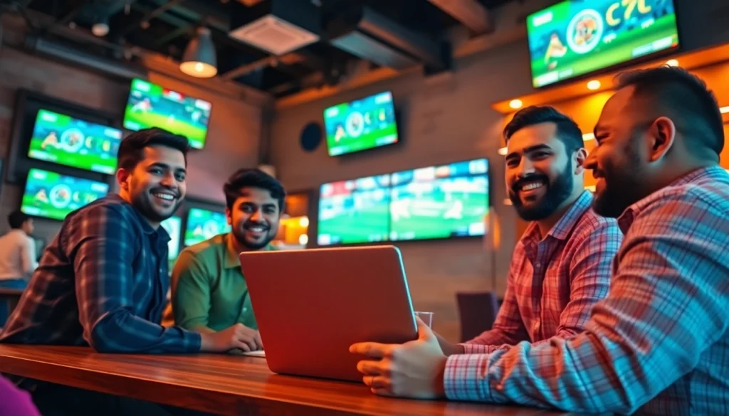 Engaged group enjoying best sports betting sites India at a lively sports bar atmosphere.