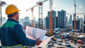 New Jersey Construction Manager overseeing a construction site with cranes and workers.