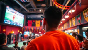 해외축구중계를 즐기는 스포츠 바의 팬들 모습