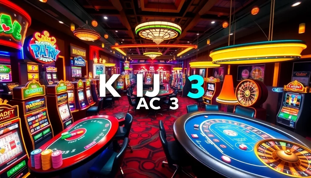 A dynamic casino scene featuring tables and slot machines at KJC AC 3 for an exhilarating gambling experience.