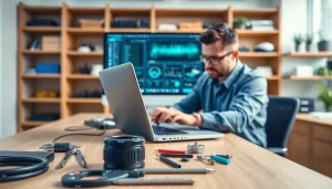 Engaging computer service technician repairing a laptop with diagnostic tools on a neat office desk.