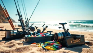 Showcase fishing gear for Cabo with colorful lures and tackle boxes on a beach.