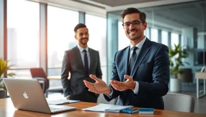 신용카드 현금화 방법을 설명하는 비즈니스맨과 현대적인 사무실 환경.