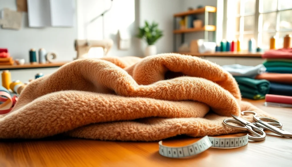 Fleece stof op een naaitafel, omringd door gereedschap en garen. Creatieve sfeer.