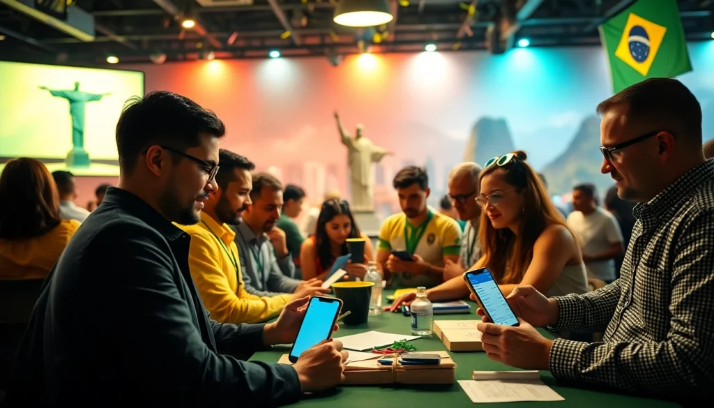 Engaging scene showing best sports betting sites for Brazil with diverse individuals and Brazilian landmarks in bright colors.