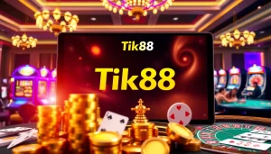 Trải nghiệm cảm giác hồi hộp tại Tik88 với hình ảnh casino sống động có chip poker và máy đánh bạc.