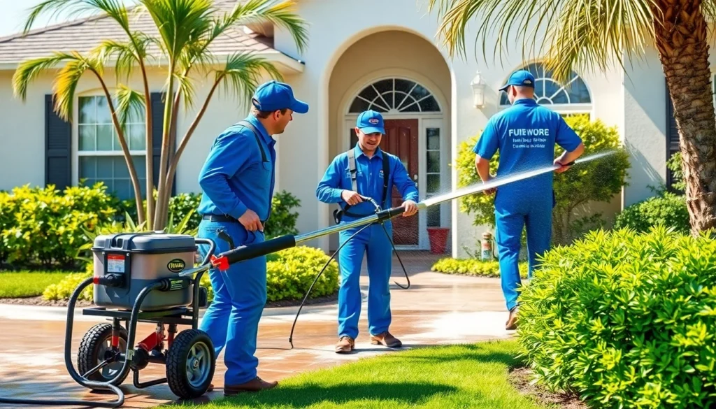 Soft wash team professionally cleaning a home's exterior in Kissimmee, FL.