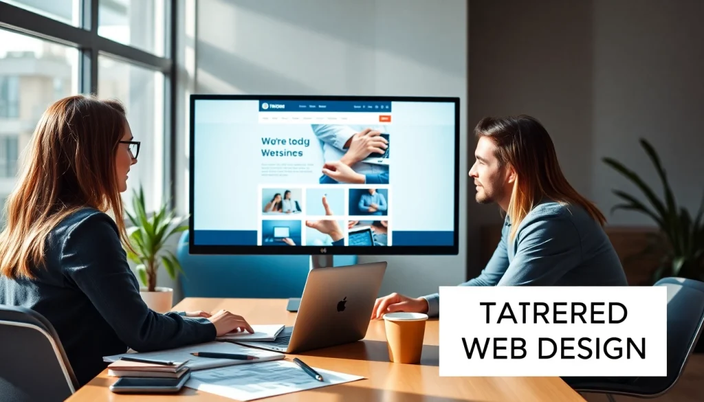 Professional scene of thiết kế website theo yêu cầu with designers and clients collaborating.