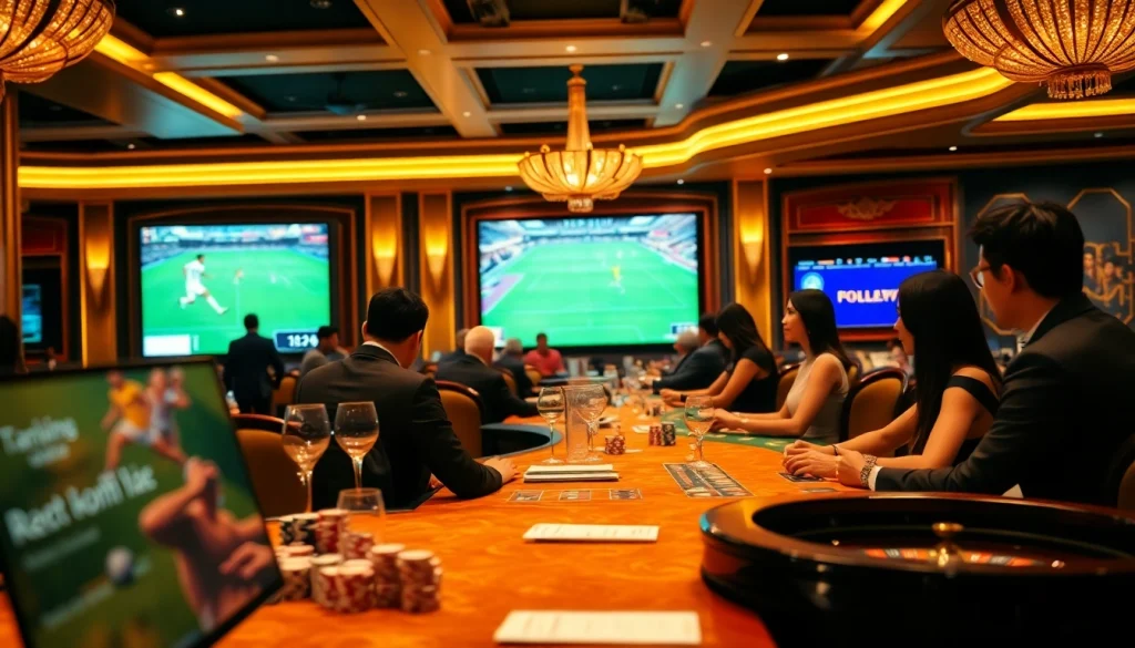 Engage in trực tiếp bóng đá betting at a luxurious casino with live screens and excited players.