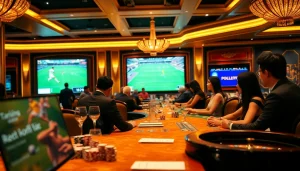 Engage in trực tiếp bóng đá betting at a luxurious casino with live screens and excited players.