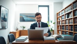 Consulting intellectual property lawyer reviewing client documents in a modern office setting.