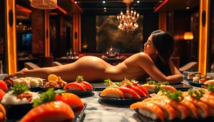 Experience Body sushi served elegantly in an upscale nightlife setting with vibrant colors and ambient lighting.