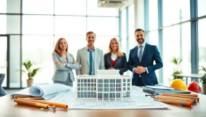 Construction advocacy carolinas in action, showcasing advocates collaborating over blueprints in a bright office.