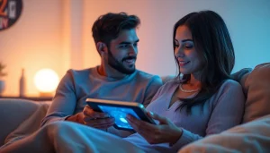 A couple enjoying intimacy through AI technology in a cozy, serene setting, representing ai sex.