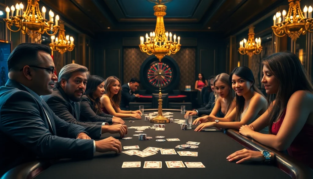 Engaged players at a luxurious poker table showcase GO8's elite gambling strategies.