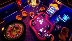 Players enjoying high-stakes gambling at https://rr88.wales/ with a roulette wheel and poker table.