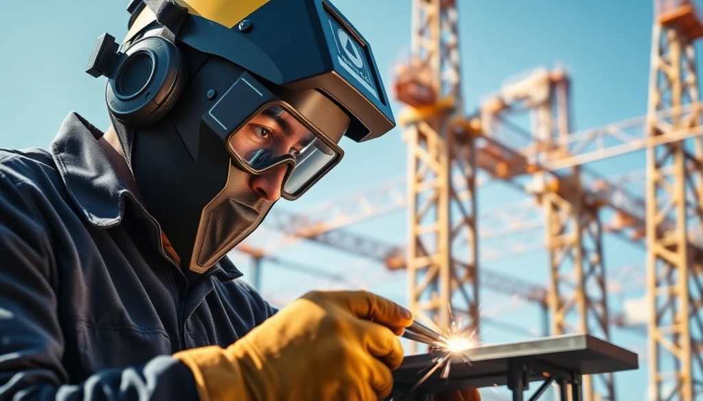 Welder demonstrating structural steel welding techniques focused on metal beams and fusion.