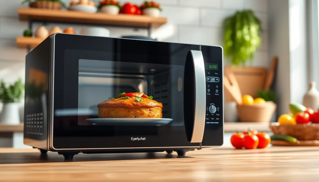 Using a microwave oven to cook a meal in a vibrant kitchen setting.