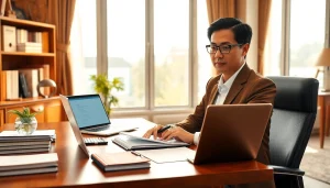 Traducteur assermenté chinois travaillant dans un environnement de bureau professionnel