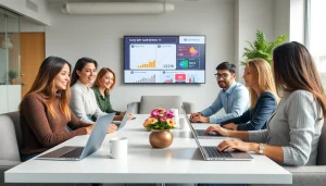 현대적인 사무실 환경에서 다양한 전문가가 상품권카드 옵션을 검토하는 모습