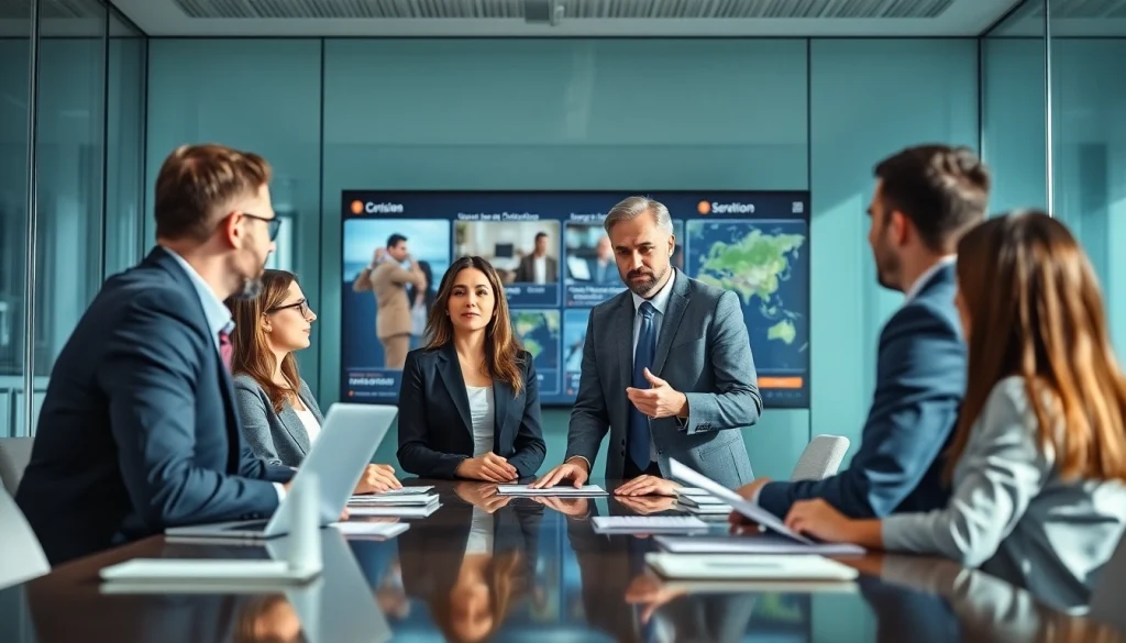 Crisis management consultant leading a team discussion in a modern office setting.