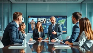 Crisis management consultant leading a team discussion in a modern office setting.
