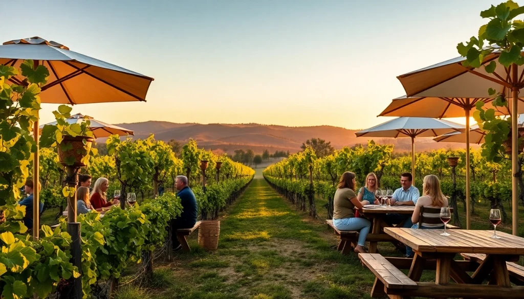 Experience the beauty of wineries in Clarksburg with guests enjoying wine tasting against a picturesque backdrop.