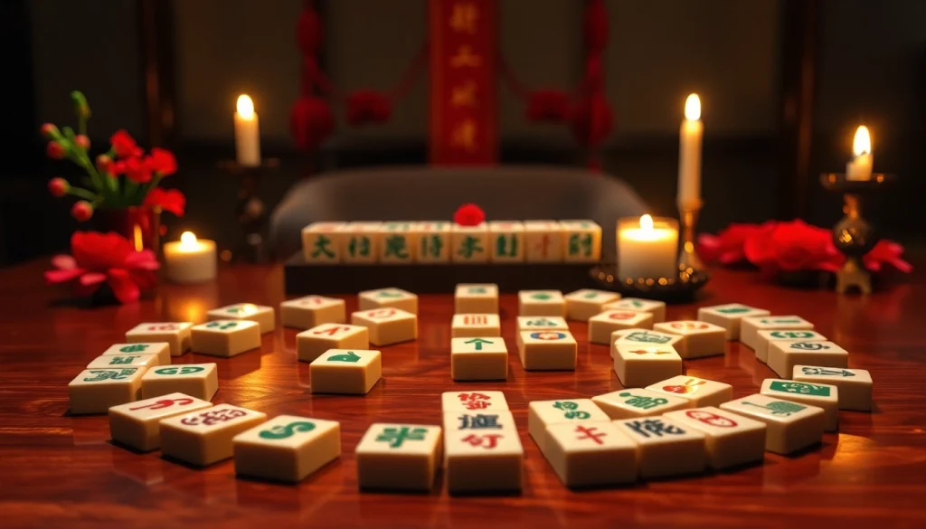 Menampilkan demo mahjong dengan set papan games yang berkilau dan khas, menciptakan suasana santai.