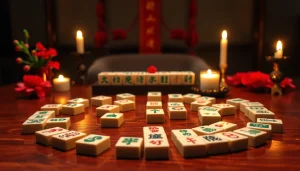 Menampilkan demo mahjong dengan set papan games yang berkilau dan khas, menciptakan suasana santai.