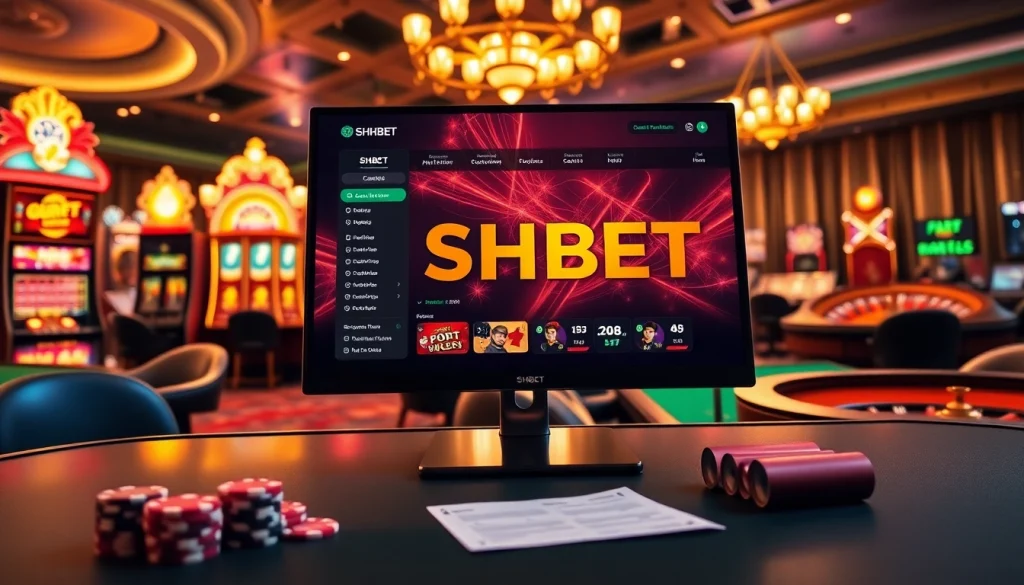 SHBET online gaming interface amidst an exciting casino atmosphere with vibrant slot machines and poker tables.