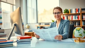 Tłumaczenie przysięgłe service with a professional translator working at their desk.