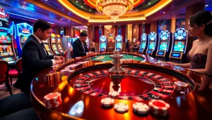 Players enjoying a thrilling game at UU88's luxurious casino, featuring roulette and colorful gaming elements.