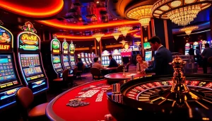 EE88 members engaging in an exciting casino atmosphere with slot machines and poker tables.