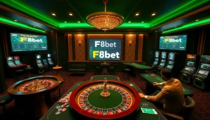 Experience an exciting game at F8bet with vibrant casino elements like roulette and poker chips.
