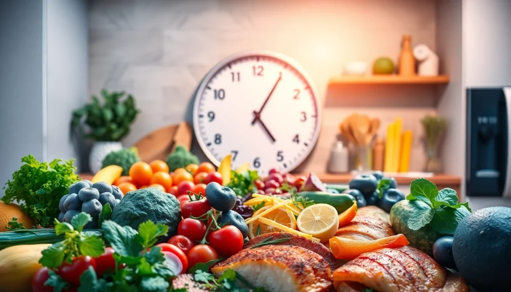 Engaging visual representing intermittent fasting with a clock and healthy foods in a kitchen.