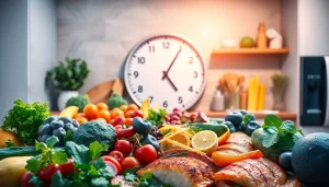 Engaging visual representing intermittent fasting with a clock and healthy foods in a kitchen.