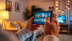 Menggambarkan pengalaman situs deposit 1000 dengan seseorang bermain di smartphone.