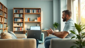 Psicologo che rivede i risultati del quiz di autodiagnosi con un paziente in una sala di consulto accogliente.