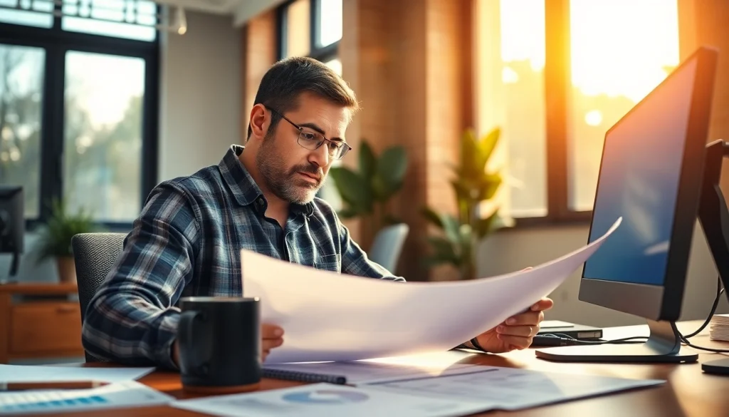 Review contractor filling out das 140 form in a modern office setting with paperwork.