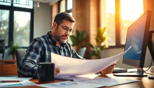 Review contractor filling out das 140 form in a modern office setting with paperwork.