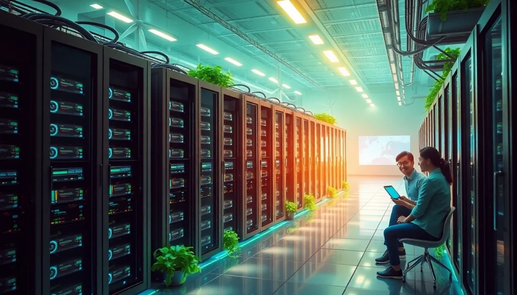 Cloud mining app interface displaying real-time cryptocurrency earnings in a modern renewable energy data center.